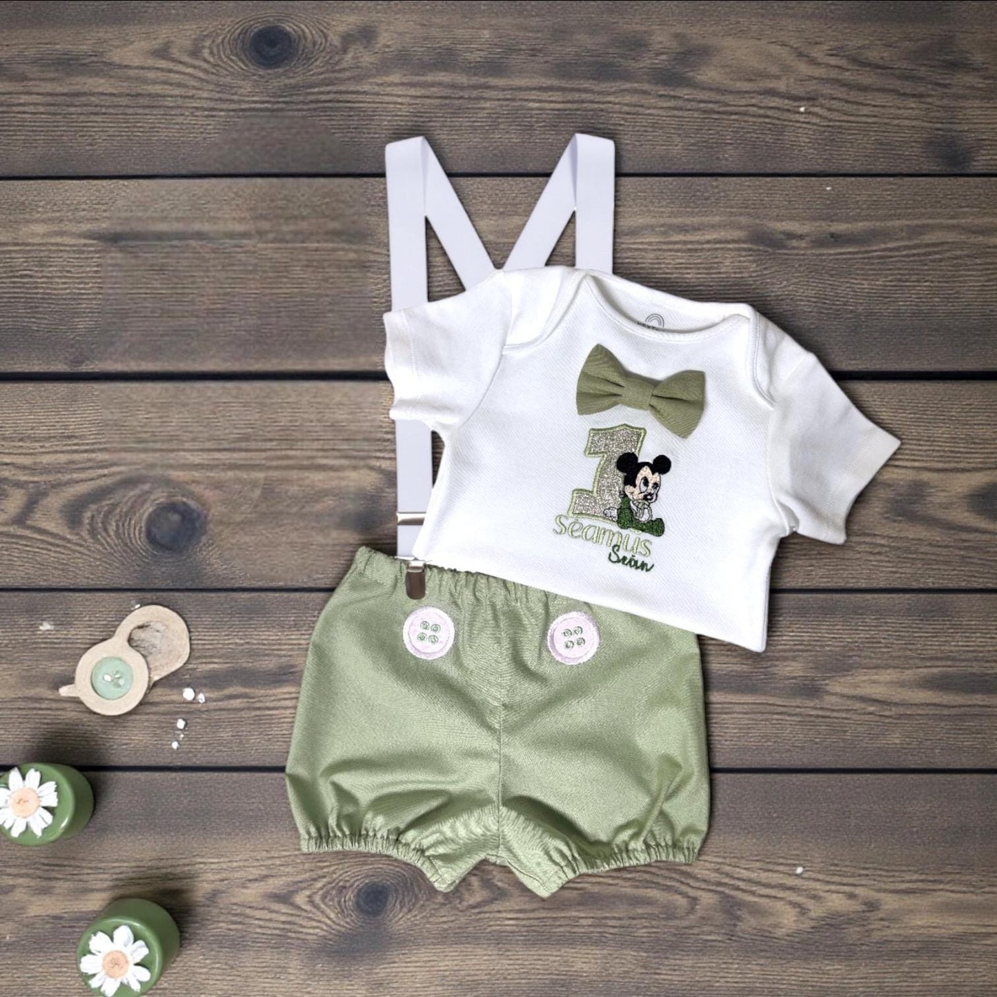 Cartoon Mouse Sage Green Birthday Outfit – Personalised Embroidered Baby Cake Smash Set