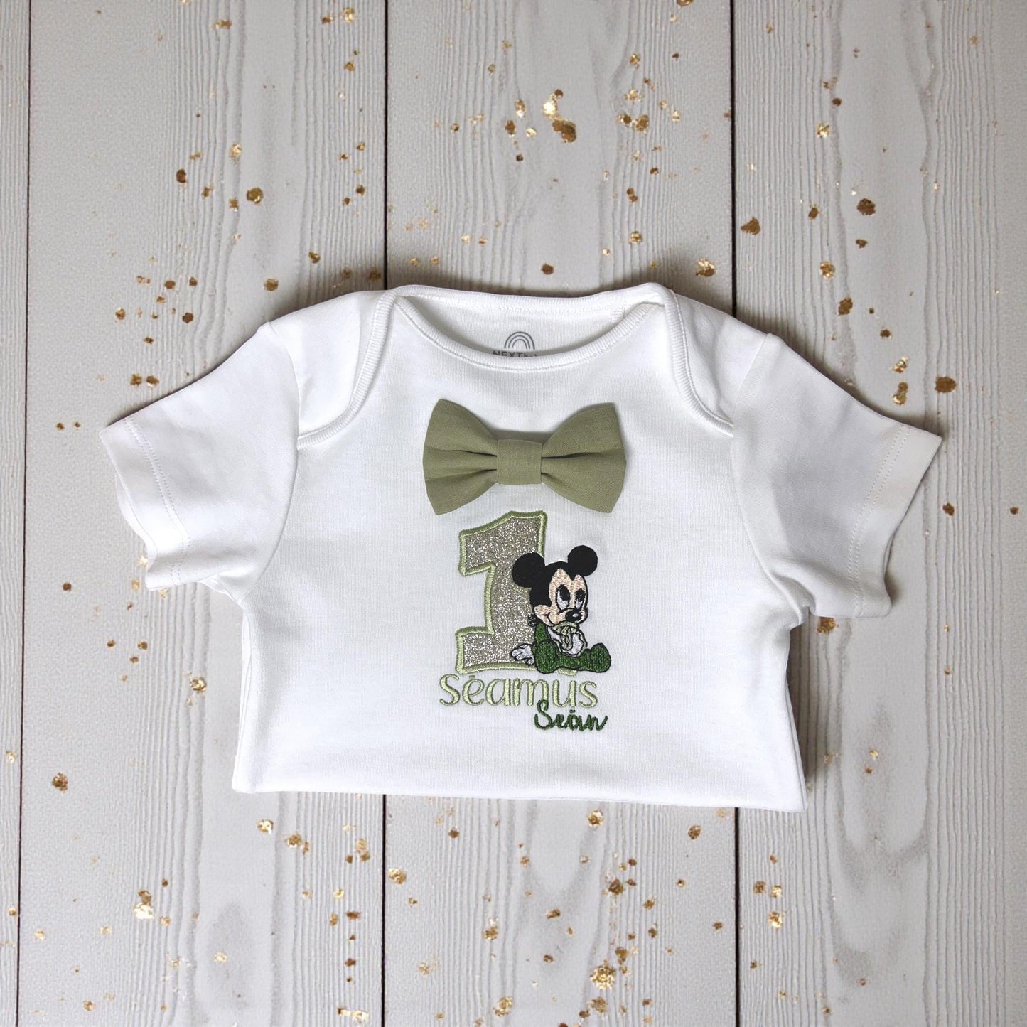 Cartoon Mouse Sage Green Birthday Outfit – Personalised Embroidered Baby Cake Smash Set