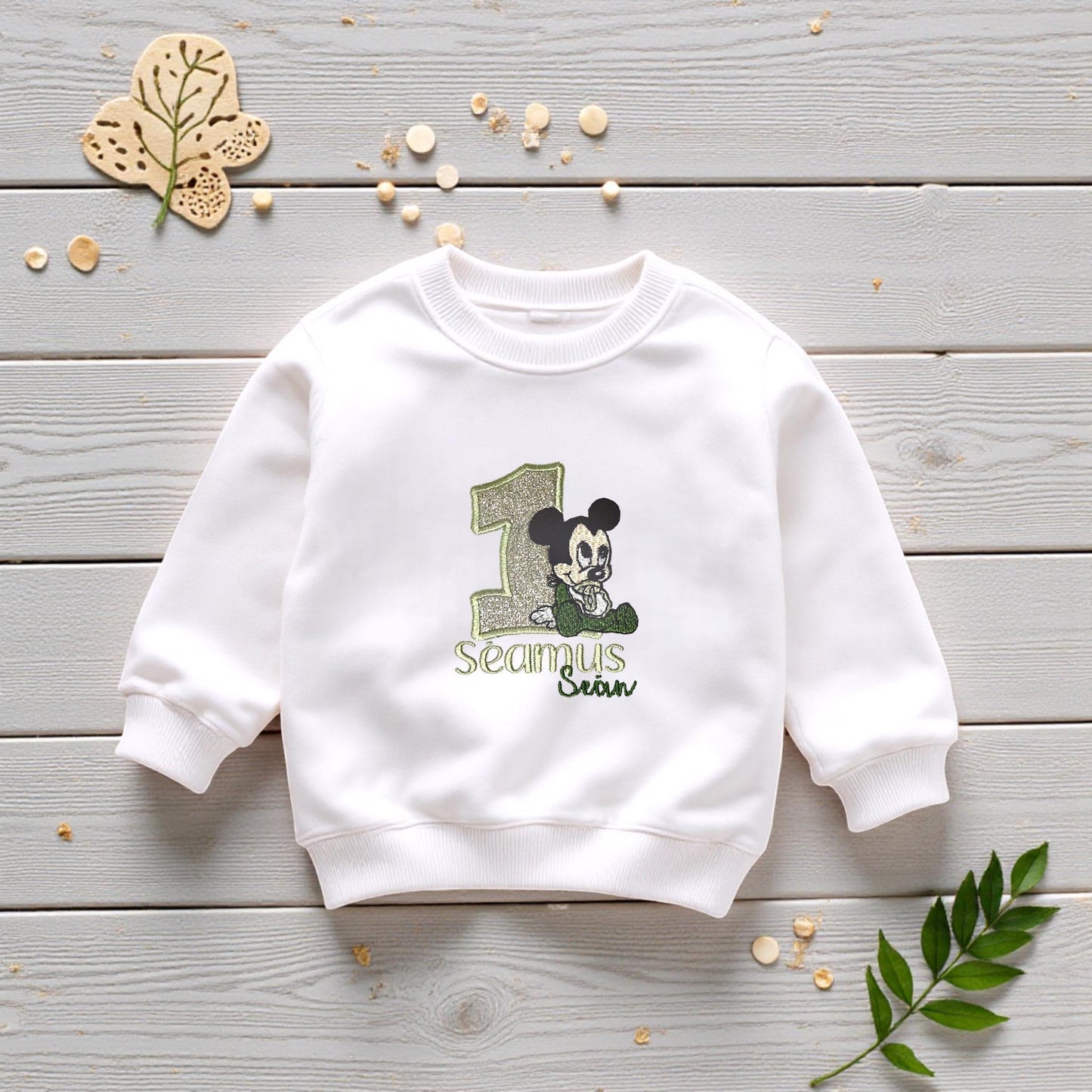 Cartoon Mouse Sage Green Birthday Outfit – Personalised Embroidered Baby Cake Smash Set