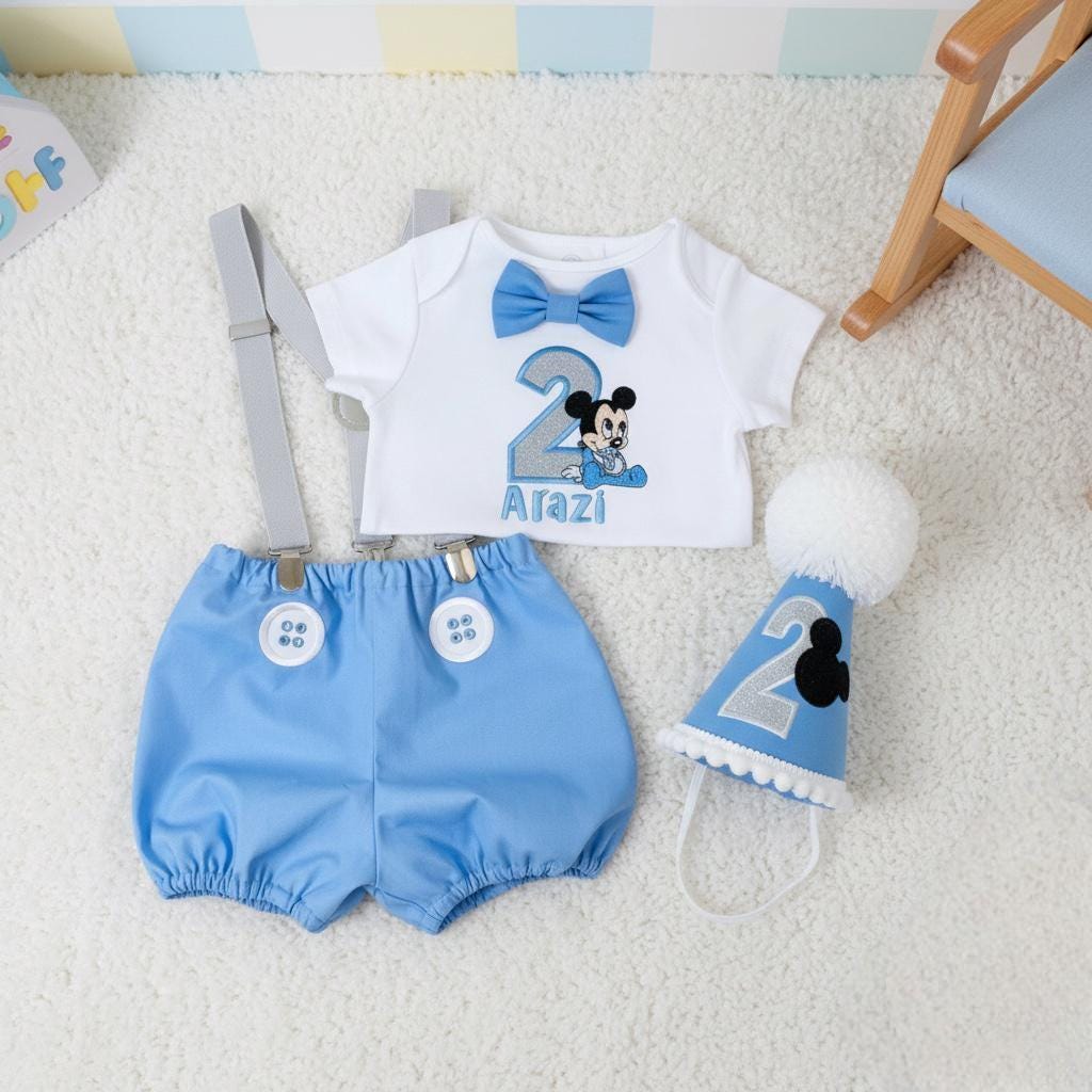 Personalised Blue Mouse Birthday Outfit – Baby Cake Smash Bodysuit Set