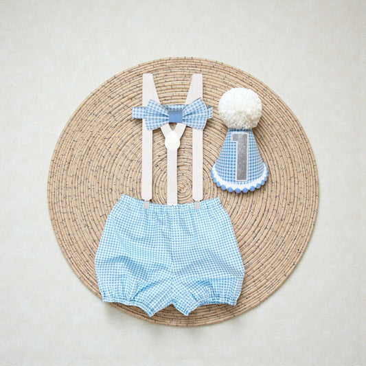 Blue Gingham First Birthday Cake Smash Outfit