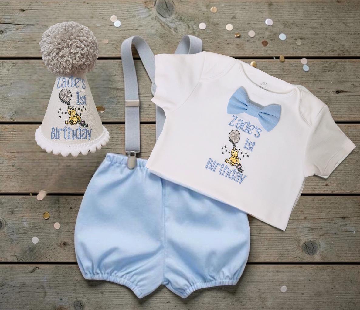 Personalised Baby Blue Classic Winnie-the-Pooh Birthday Outfit Boy with embroidered hat