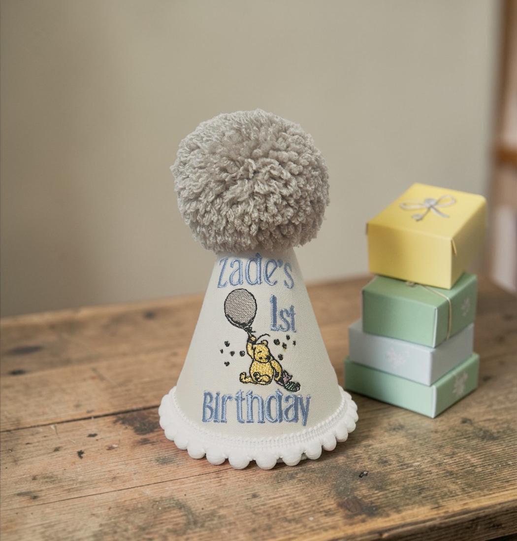 Personalised Baby Blue Classic Winnie-the-Pooh Birthday Outfit Boy with embroidered hat