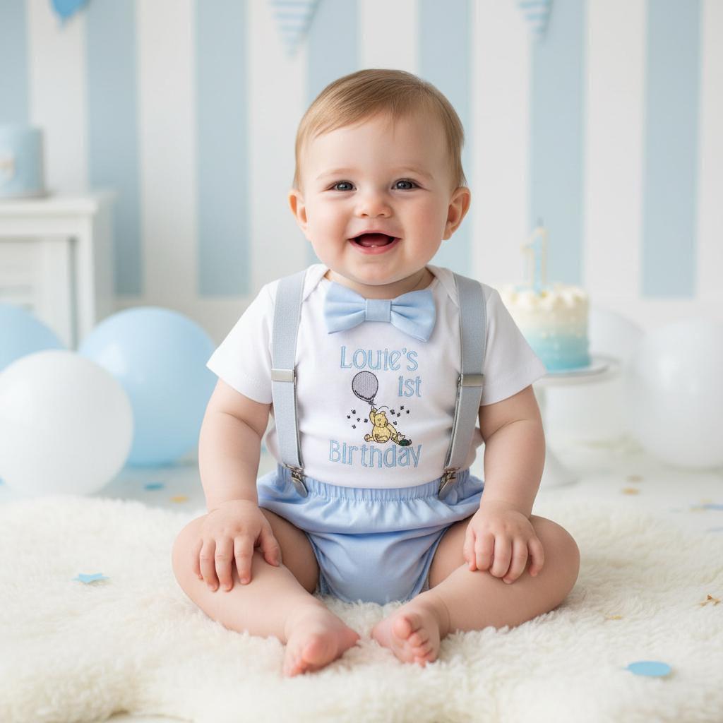 Personalised Baby Blue Classic Winnie-the-Pooh Birthday Outfit Boy with embroidered hat