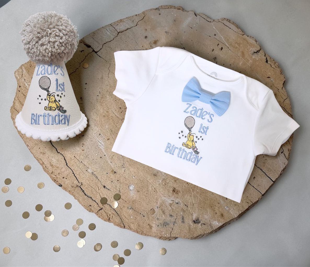 Personalised Baby Blue Classic Winnie-the-Pooh Birthday Outfit Boy with embroidered hat