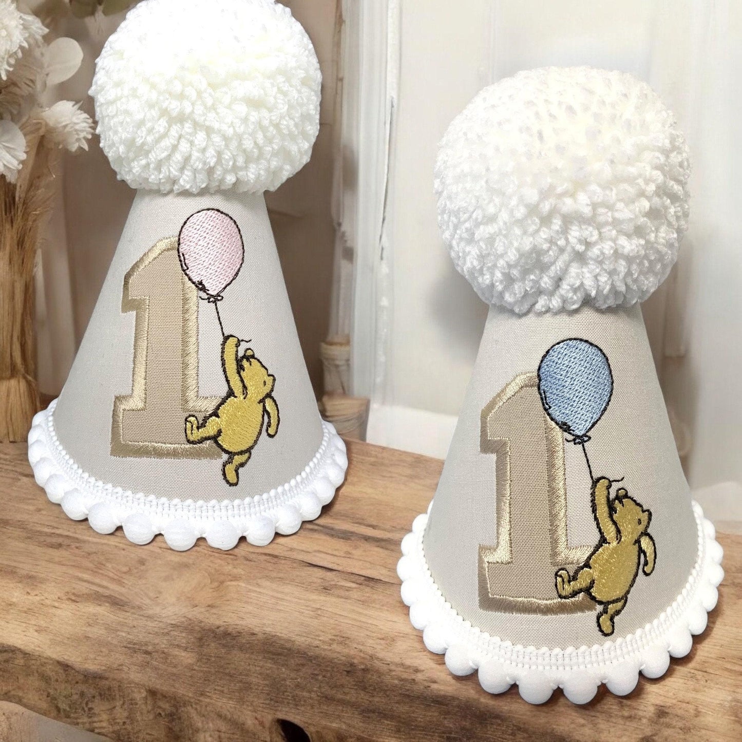 Classic Pooh Bear First Birthday Hat | Traditional Embroidered Baby Boy Party Keepsake