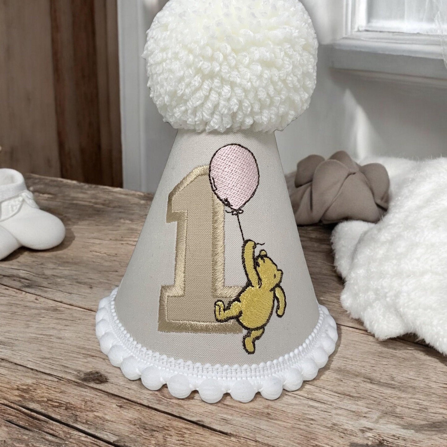 Classic Pooh Bear First Birthday Hat | Traditional Embroidered Baby Boy Party Keepsake