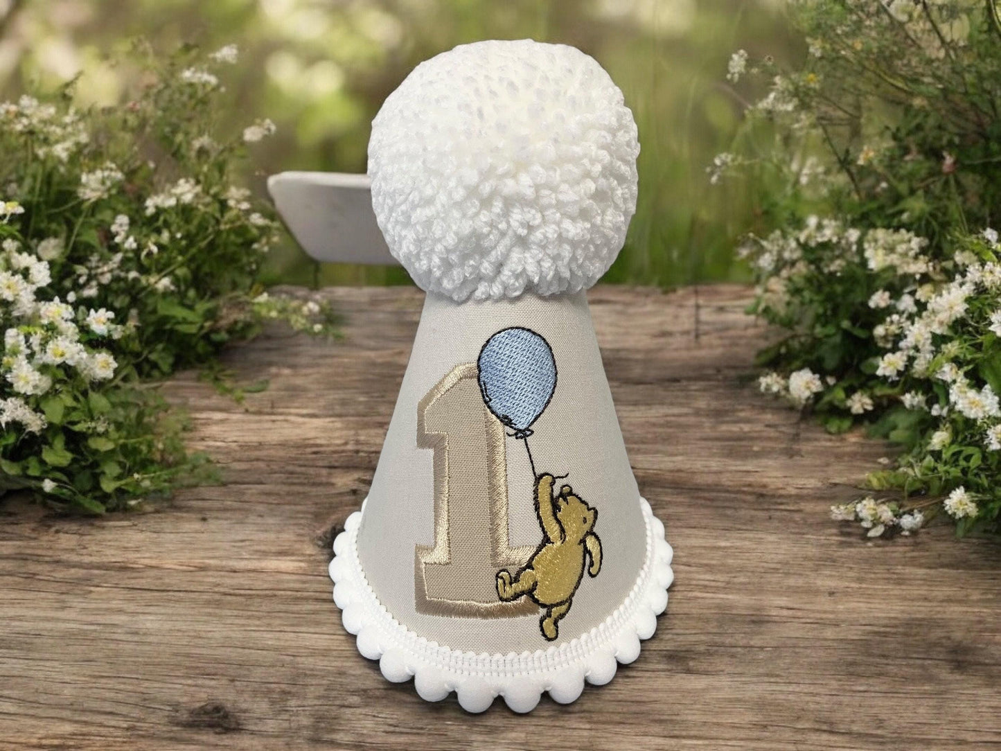 Classic Pooh Bear First Birthday Hat | Traditional Embroidered Baby Boy Party Keepsake