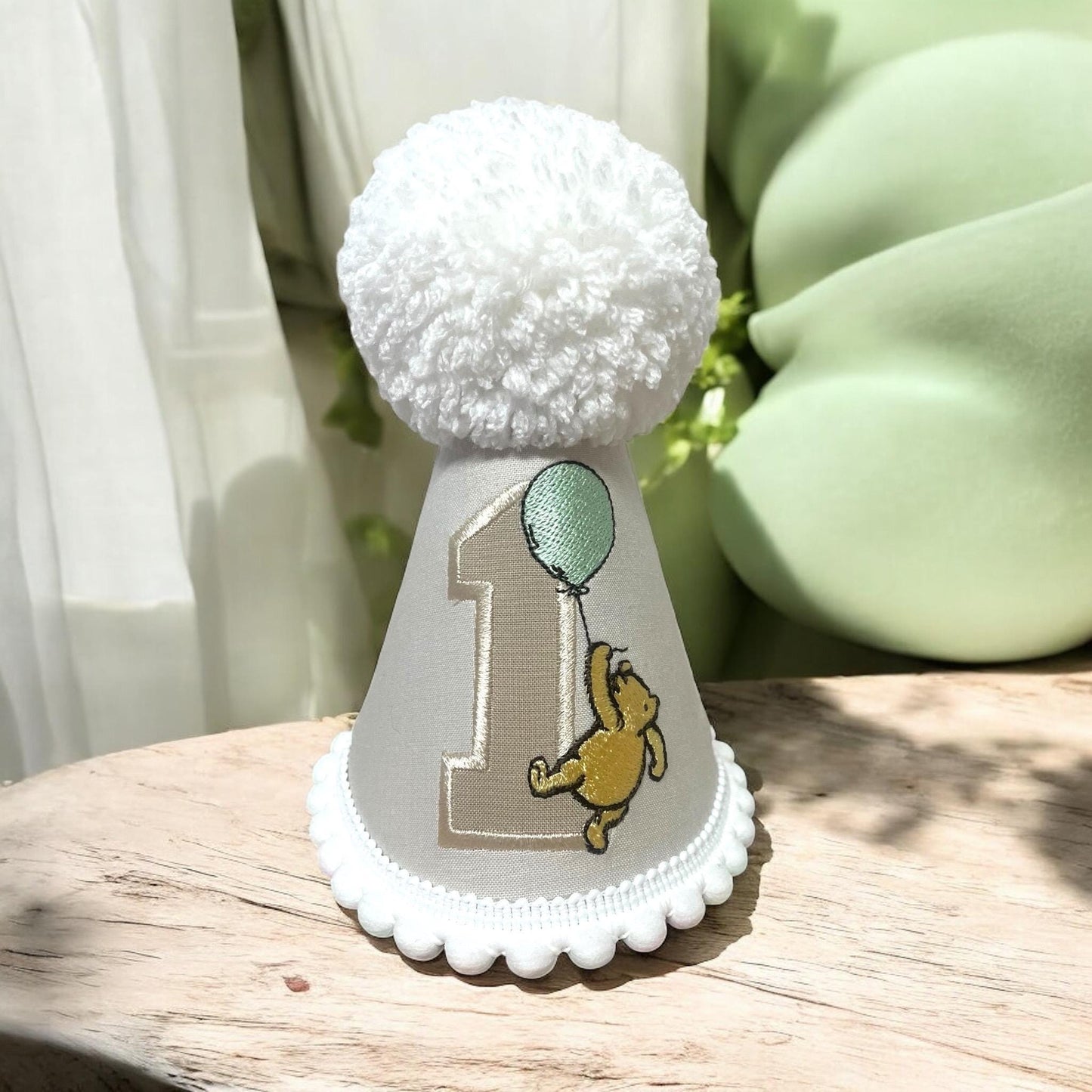 Classic Pooh Bear First Birthday Hat | Traditional Embroidered Baby Boy Party Keepsake