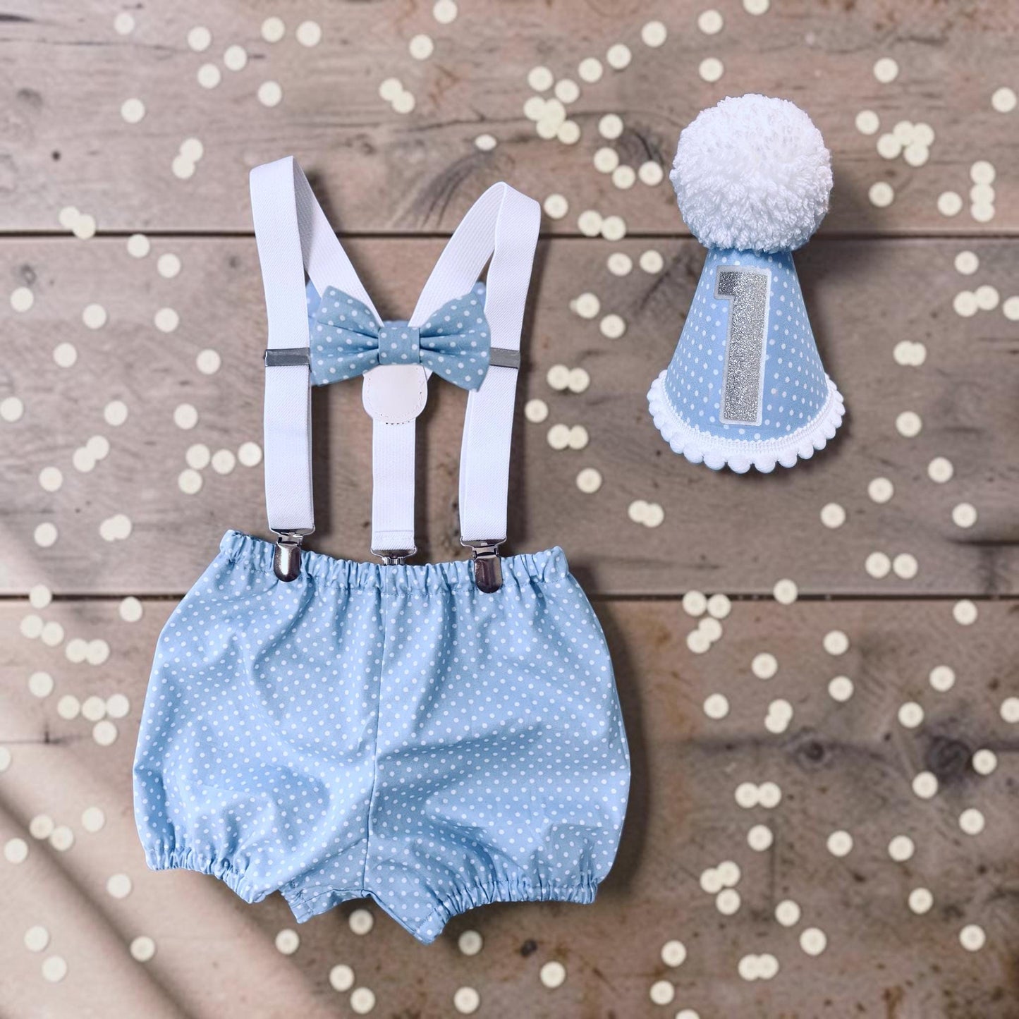Baby Boy Polka Dot Cake Smash Outfit – Blue Bloomers & Bow Tie