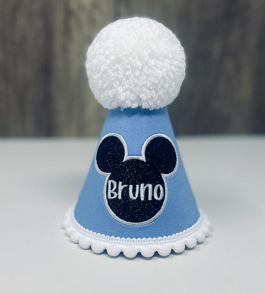Personalised Cartoon Mouse Baby Boy Birthday Hat – Blue Cake Smash Keepsake