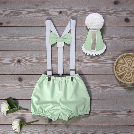 Apple Green Baby Suspender Shorts Set: Birthday Outfit with Bow Tie