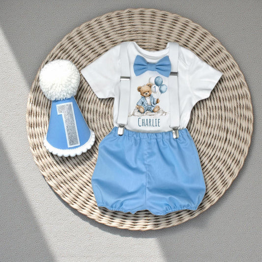 Personalised Teddy Bear First Birthday Outfit with Hat