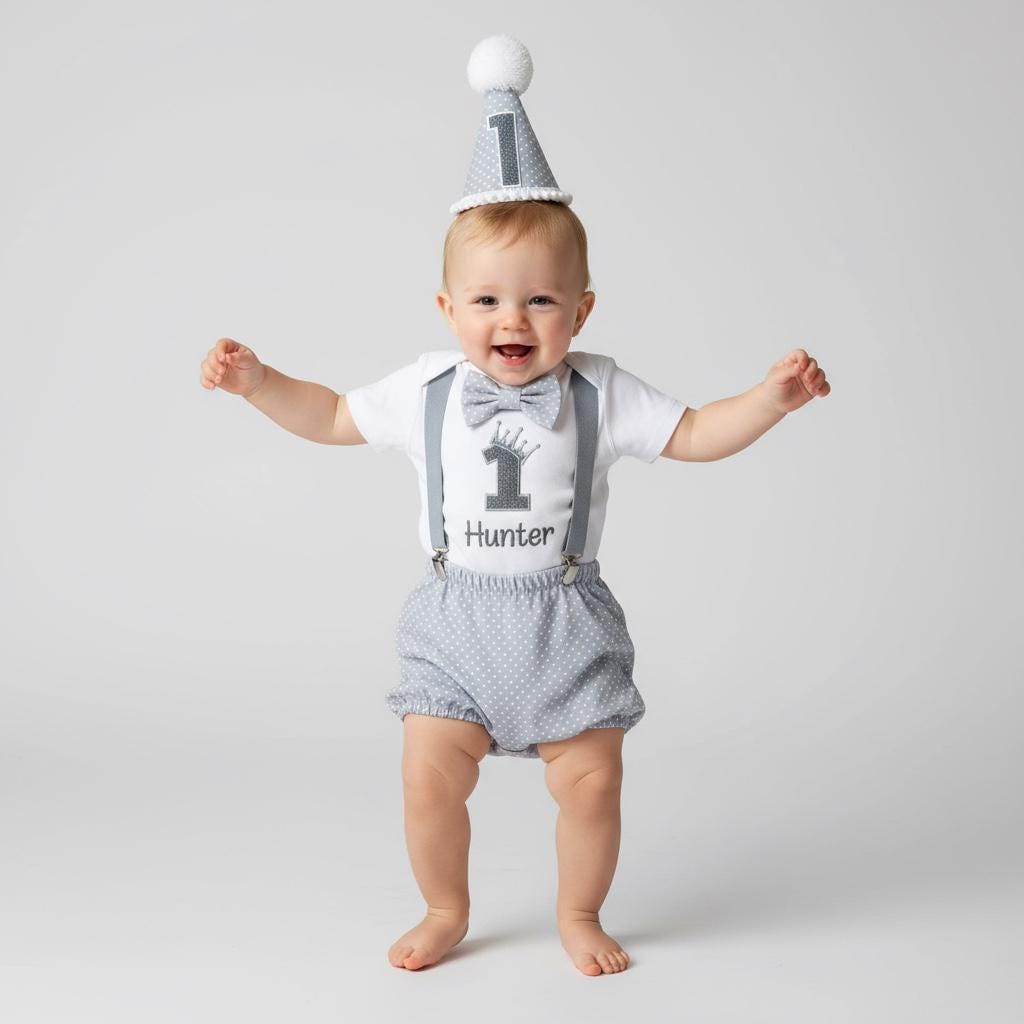 Personalised Silver Grey Crown 1st Birthday Outfit – Baby Cake Smash Set Boy
