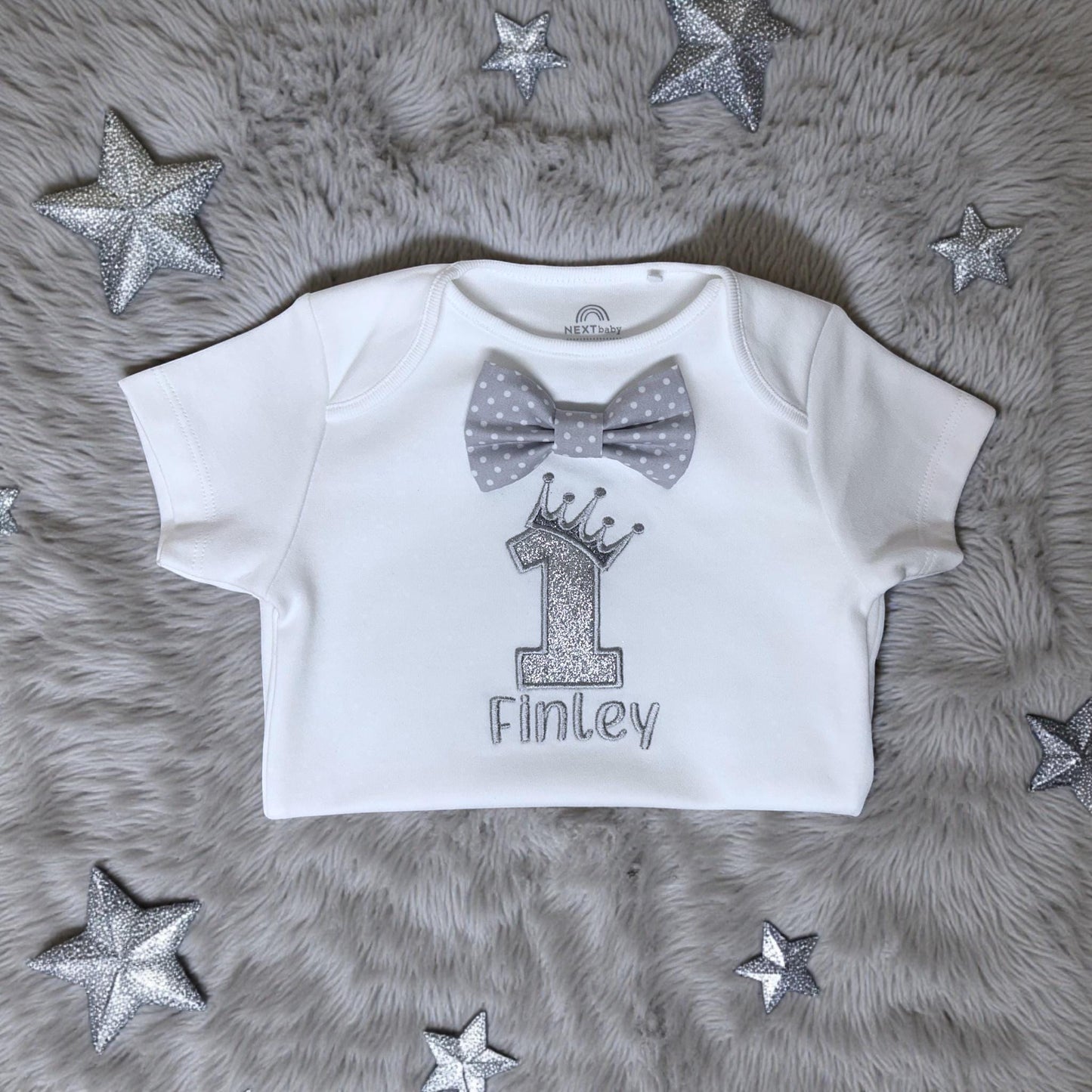 Personalised Silver Grey Crown 1st Birthday Outfit – Baby Cake Smash Set Boy