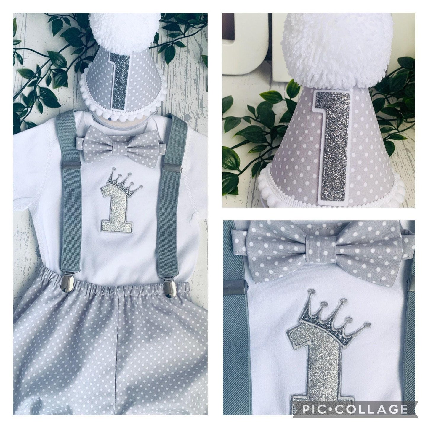 Personalised Silver Grey Crown 1st Birthday Outfit – Baby Cake Smash Set Boy