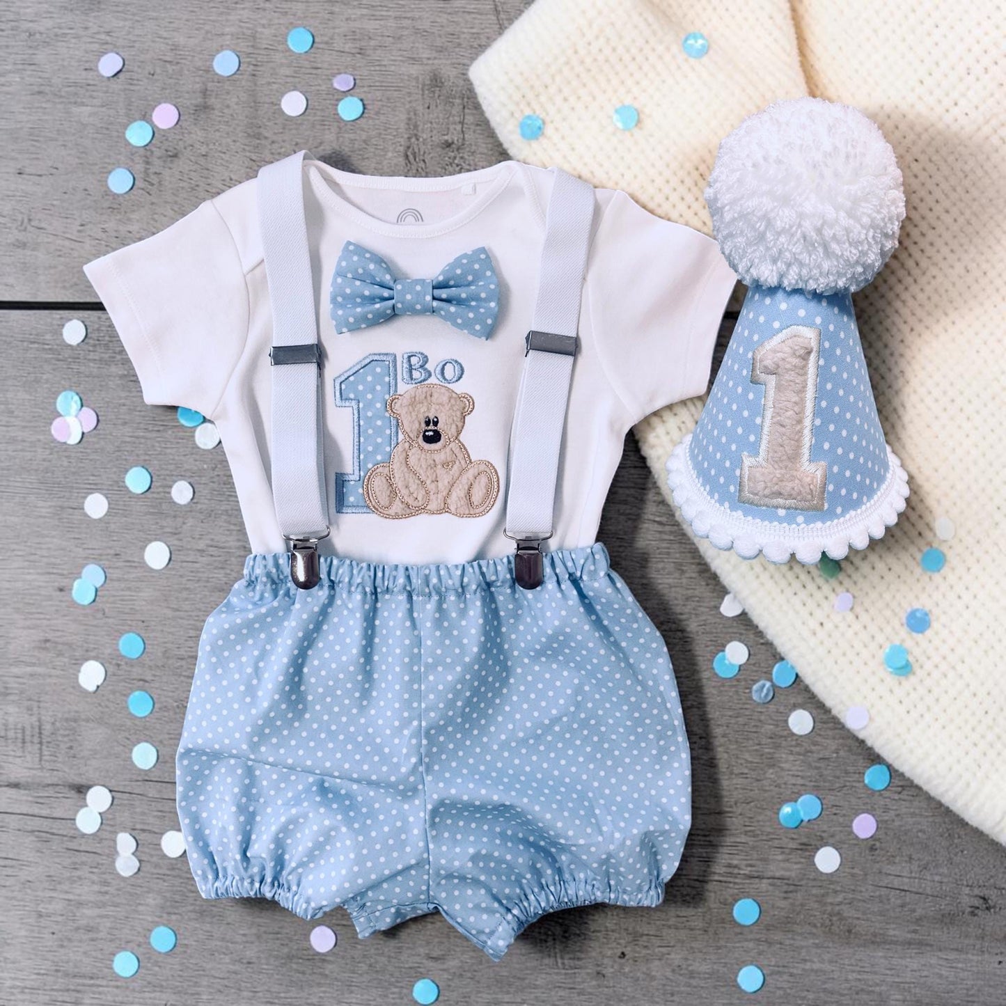 Teddy First Birthday Outfit – Polka Dot Personalised Cake Smash Set