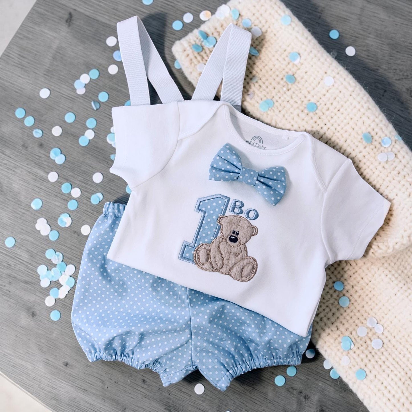 Teddy First Birthday Outfit – Polka Dot Personalised Cake Smash Set