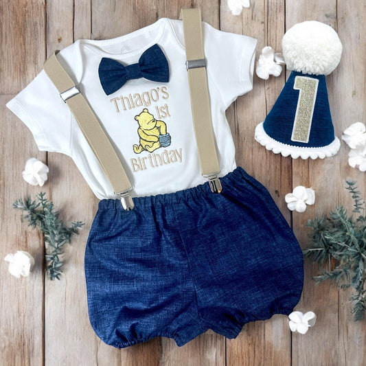 Personalised/Personalized Bear Birthday Outfit – Navy Cake Smash Set