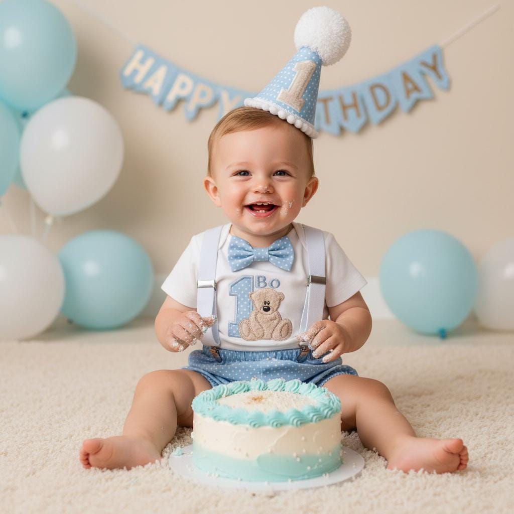 Teddy First Birthday Outfit – Polka Dot Personalised Cake Smash Set
