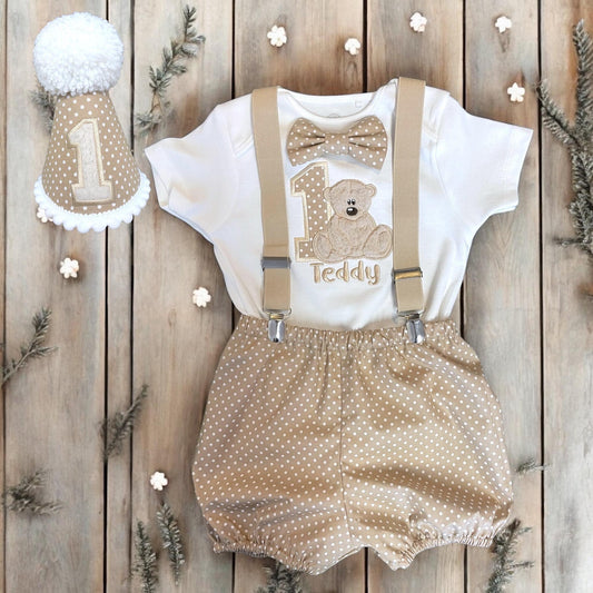 Teddy First Birthday Outfit – Polka Dot Personalised Cake Smash Set