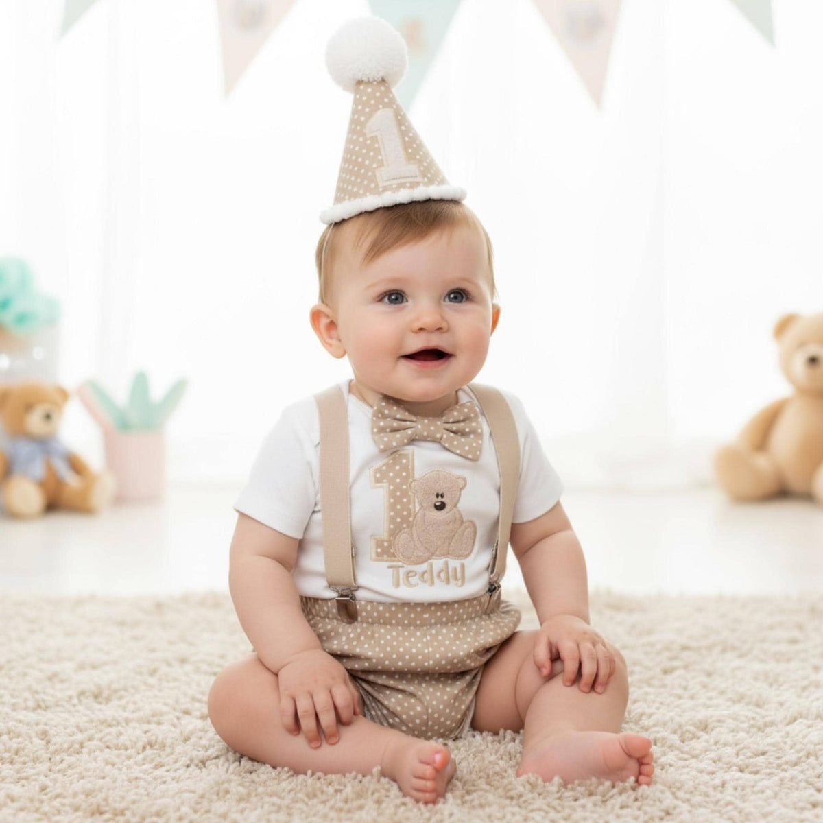 Teddy First Birthday Outfit – Polka Dot Personalised Cake Smash Set