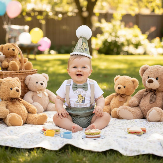 Personalised/Personalized Sage Green Bear Outfit – 1st Birthday Cake Smash Set