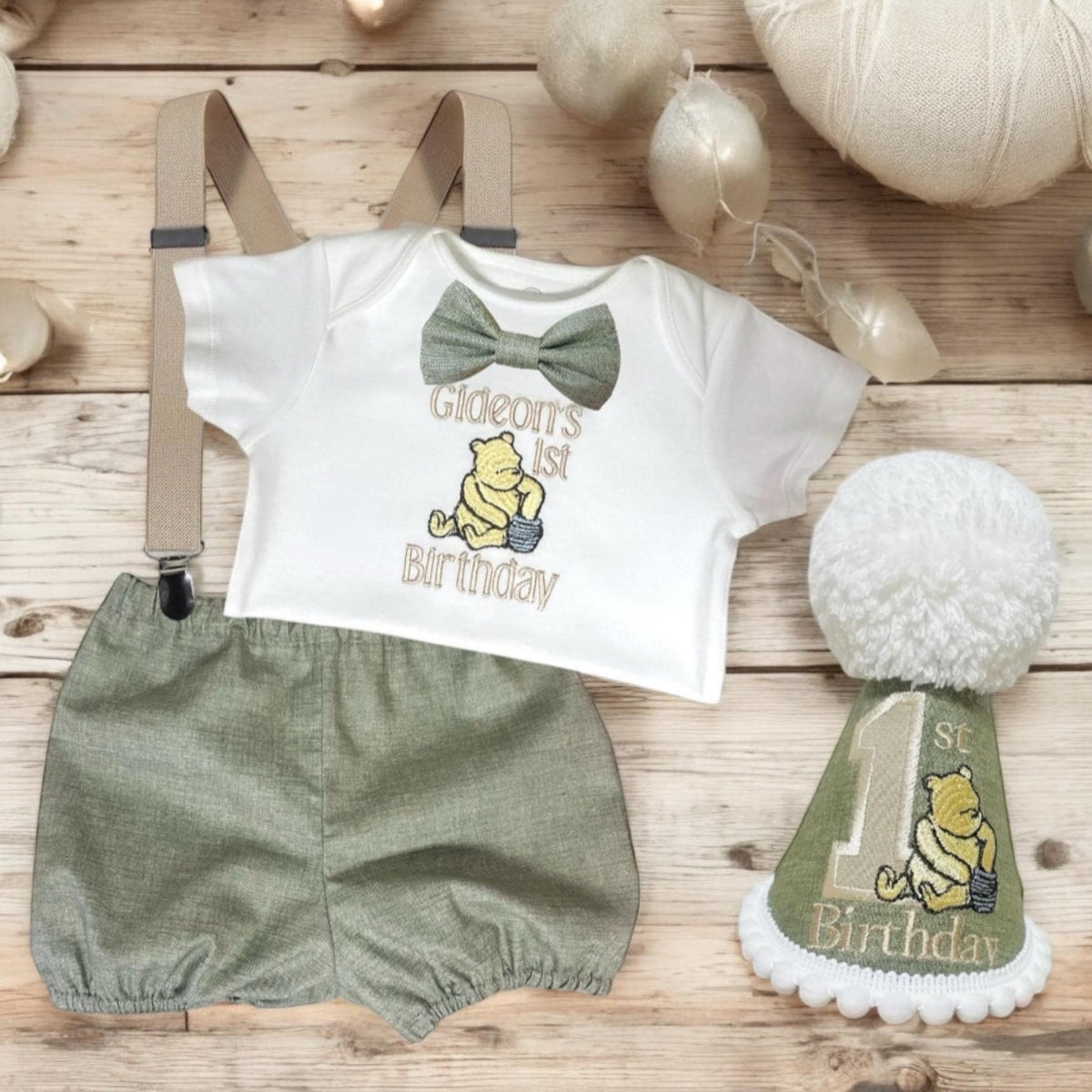 Pooh Bear Sage Green Baby Boy 1st Birthday Outfit | Personalised Cake Smash Set