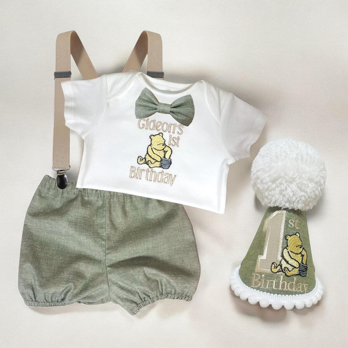 Pooh Bear Sage Green Baby Boy 1st Birthday Outfit | Personalised Cake Smash Set