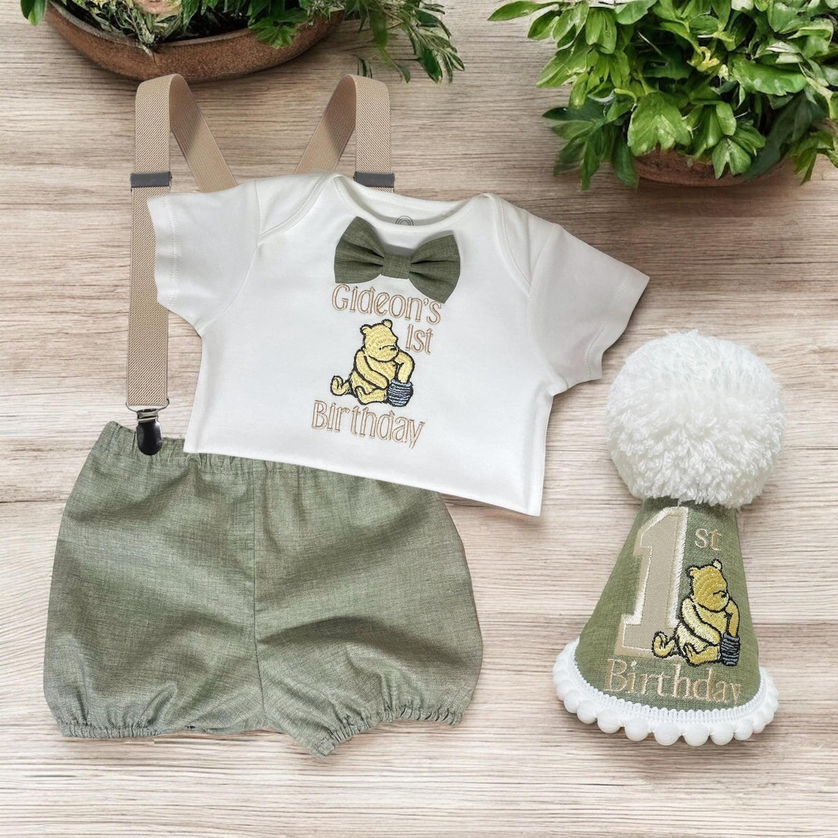 Pooh Bear Sage Green Baby Boy 1st Birthday Outfit | Personalised Cake Smash Set