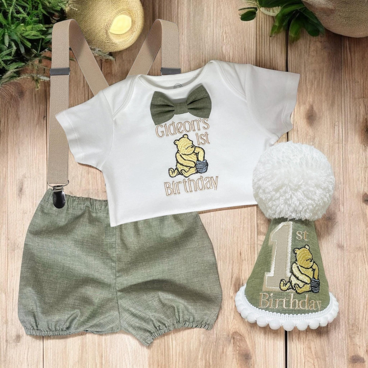 Pooh Bear Sage Green Baby Boy 1st Birthday Outfit | Personalised Cake Smash Set