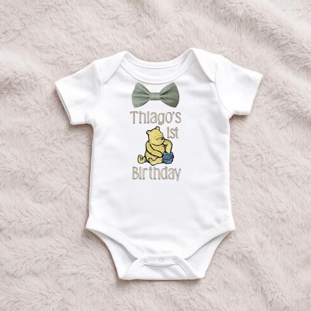 Pooh Bear Sage Green Baby Boy 1st Birthday Outfit | Personalised Cake Smash Set