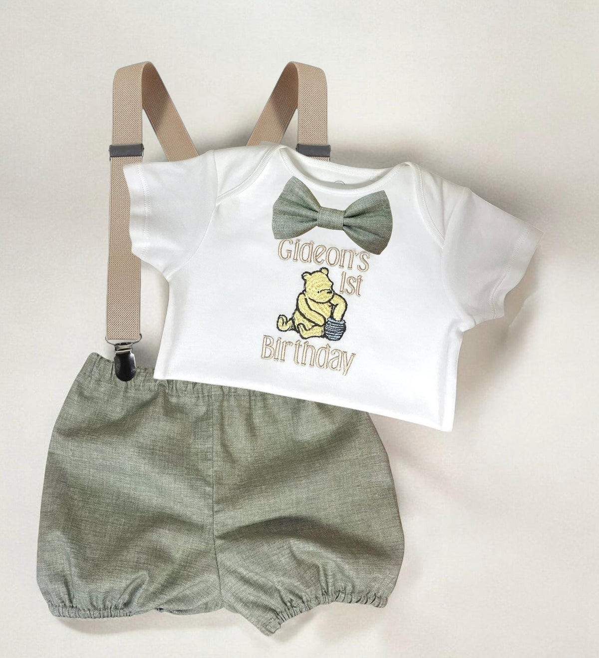 Pooh Bear Sage Green Baby Boy 1st Birthday Outfit | Personalised Cake Smash Set