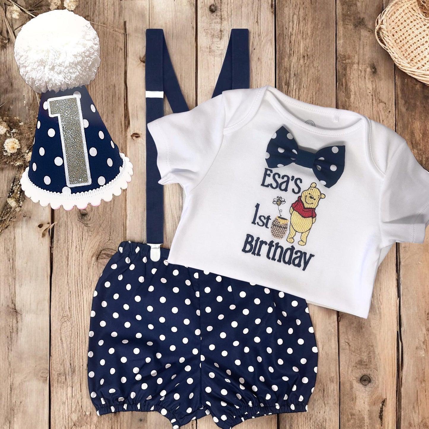 Honey Bear Birthday Outfit – Personalised Embroidered Baby Cake Smash Set
