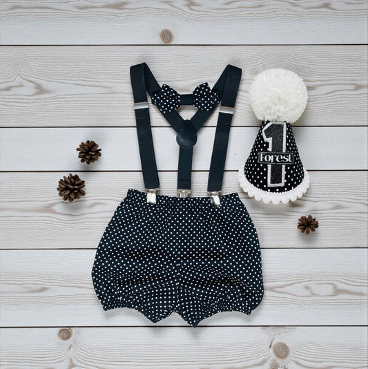 Cake Smash Outfit for Baby Boy: Polka Dots and Personalized Hat (Ages 1-3)