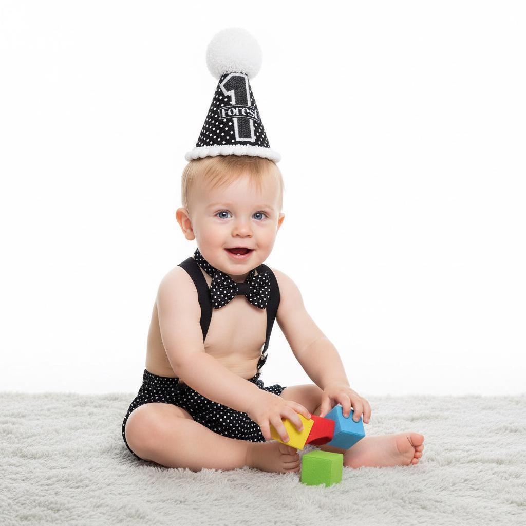 Cake Smash Outfit for Baby Boy: Polka Dots and Personalized Hat (Ages 1-3)