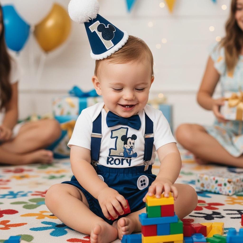 Navy Cartoon Mouse Birthday Outfit – Personalised Cake Smash Set