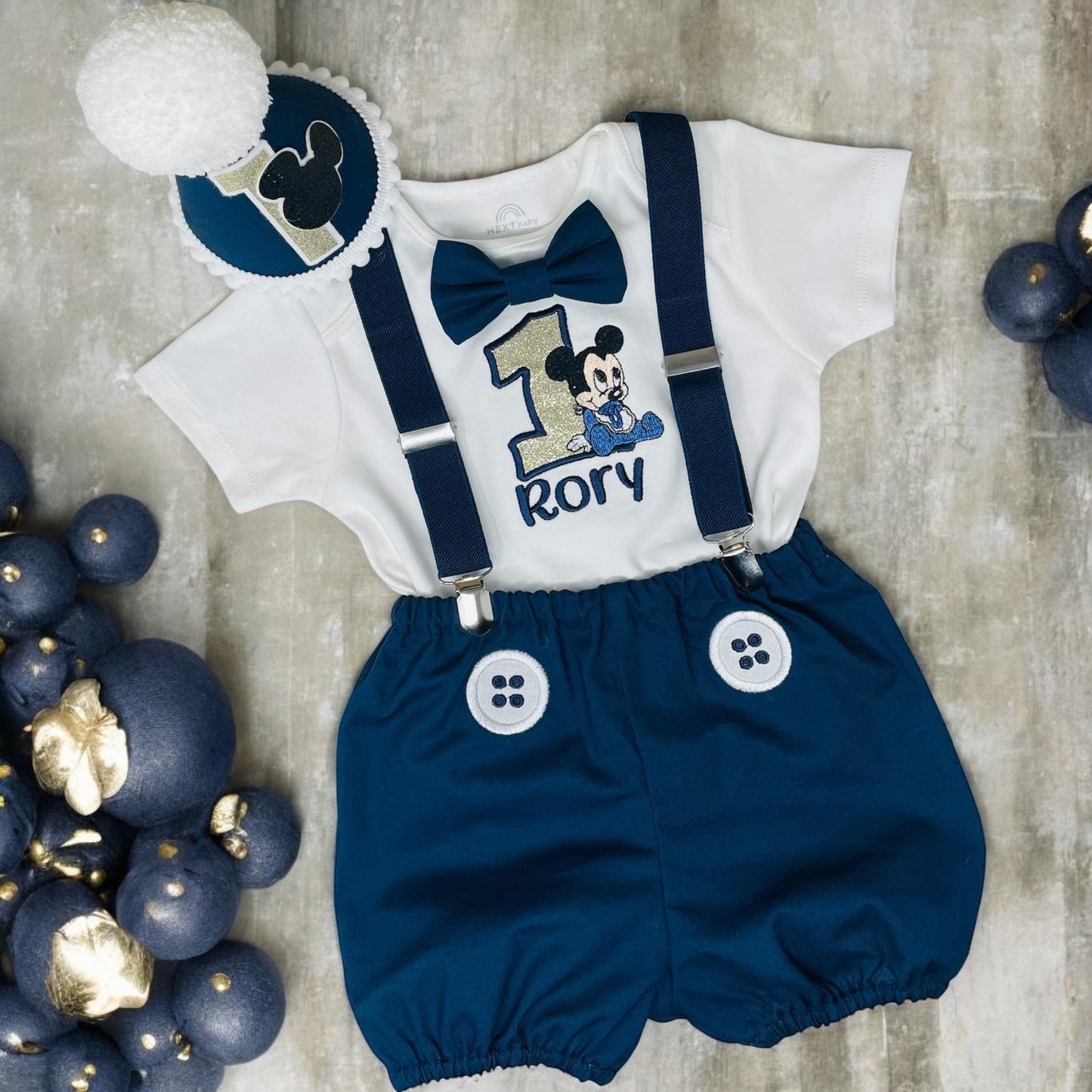 Navy Cartoon Mouse Birthday Outfit – Personalised Cake Smash Set