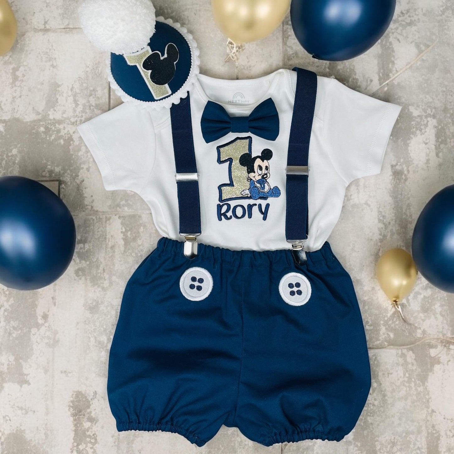 Navy Cartoon Mouse Birthday Outfit – Personalised Cake Smash Set