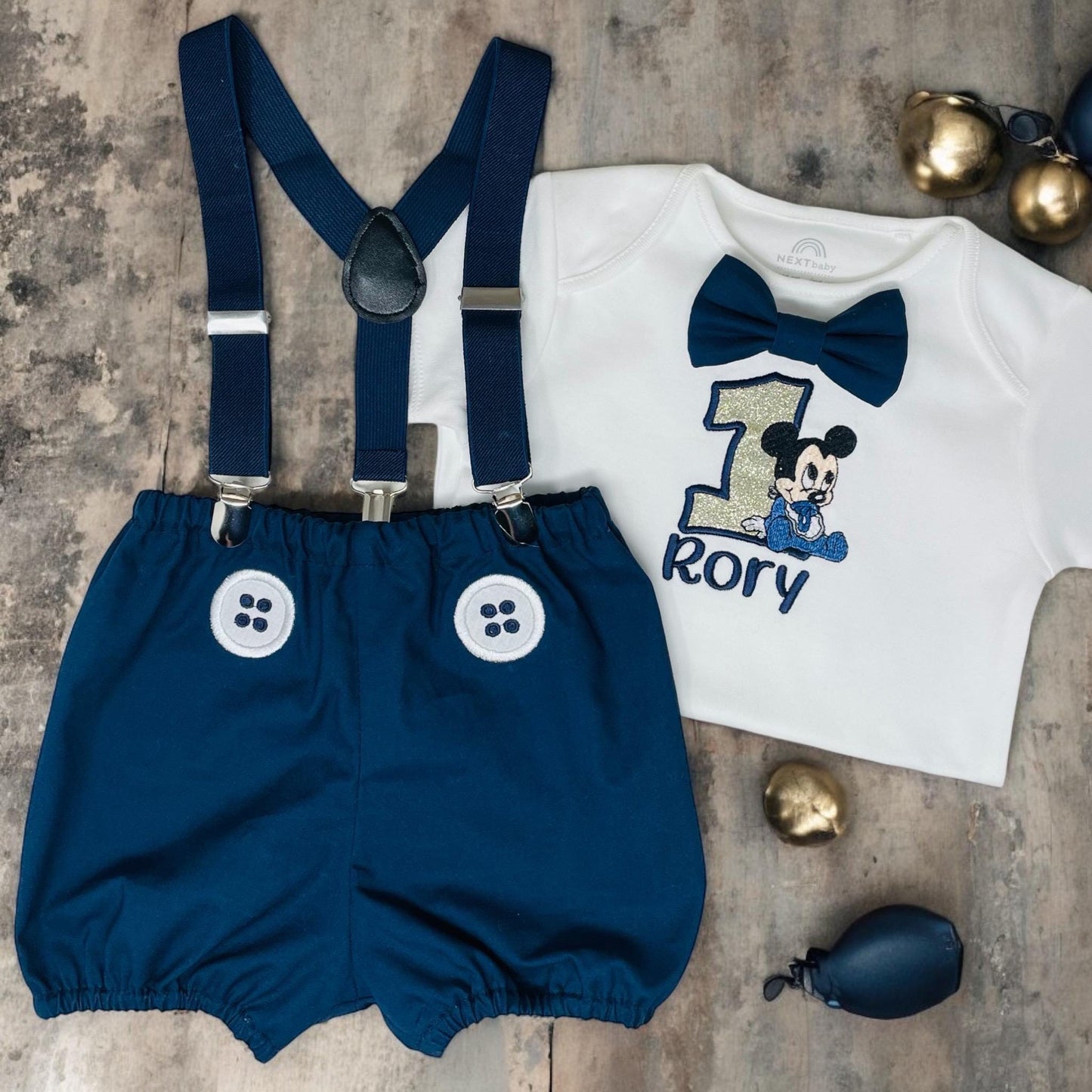 Navy Cartoon Mouse Birthday Outfit – Personalised Cake Smash Set