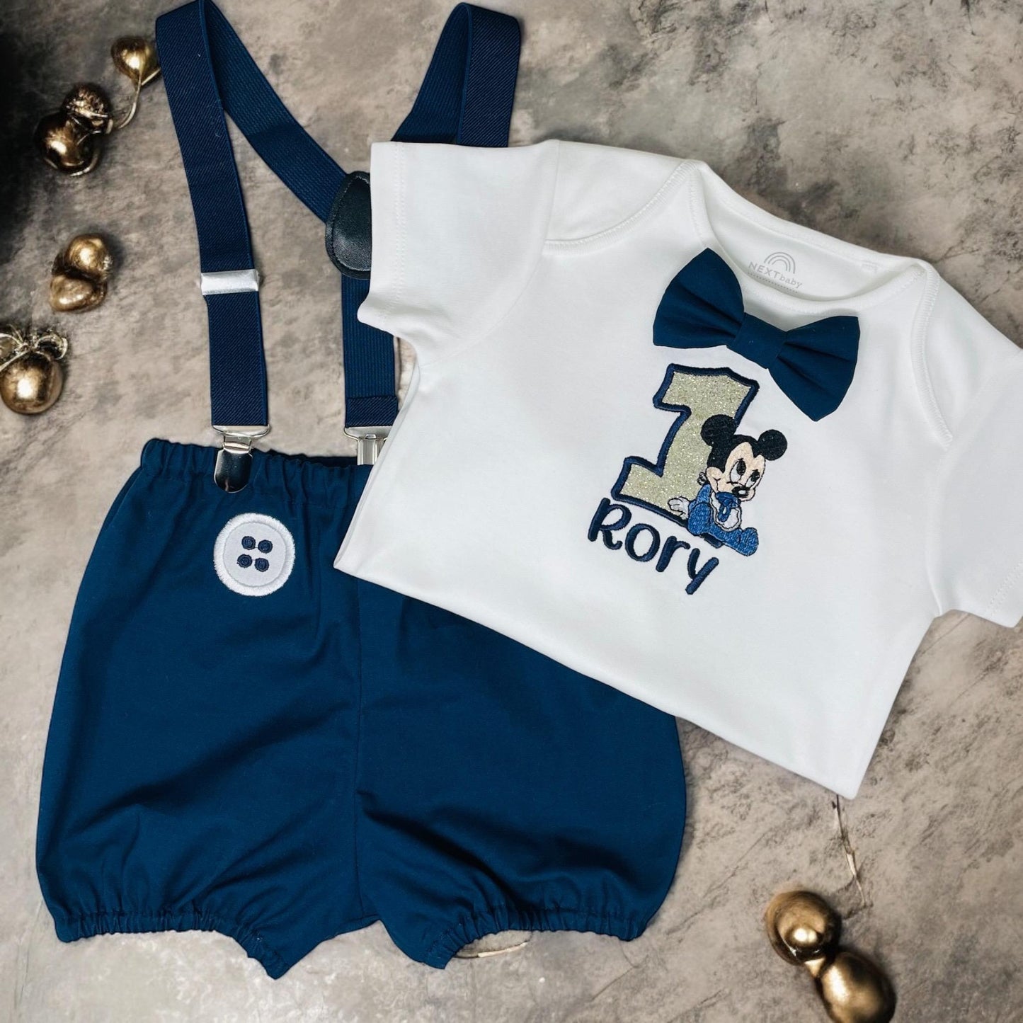 Navy Cartoon Mouse Birthday Outfit – Personalised Cake Smash Set