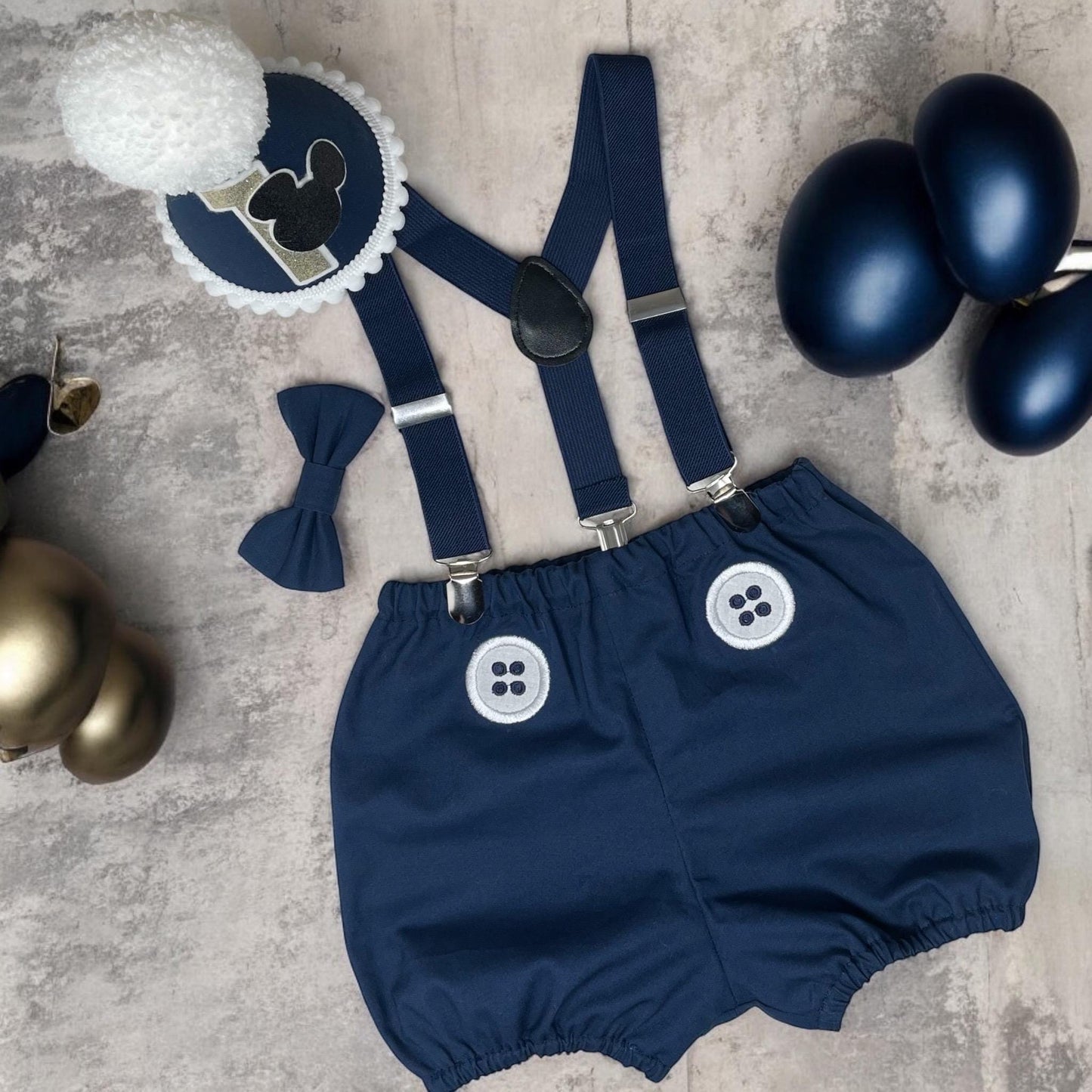Navy Cartoon Mouse Birthday Outfit – Personalised Cake Smash Set