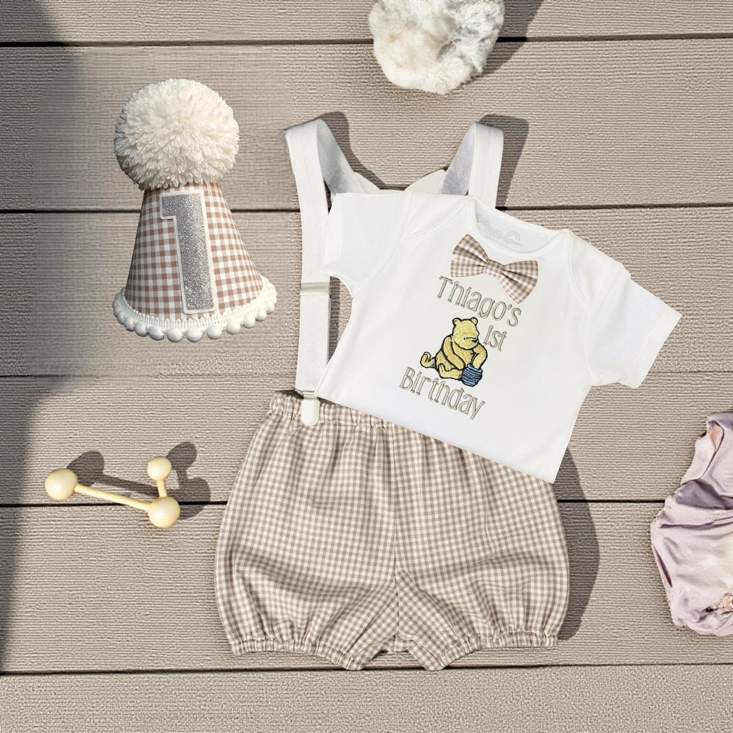 Personalised/Personalized Bear Birthday Outfit – Taupe Gingham Cake Smash Set