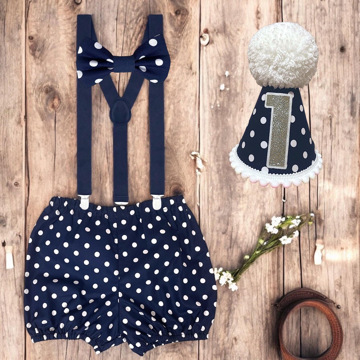 Navy Polka Dot Cake Smash Outfit – Boys 1st Birthday Set