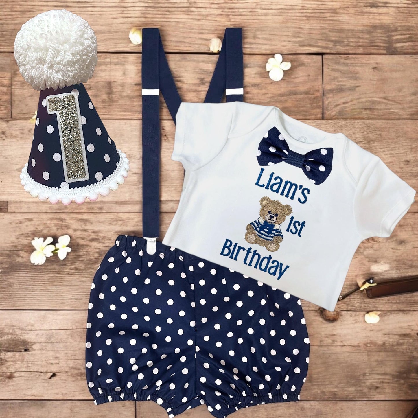 Personalised Navy Polka Dot Sailor Bear Birthday Outfit