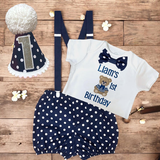 Personalised Navy Polka Dot Sailor Bear Birthday Outfit