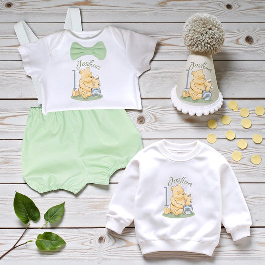 Personalised Honey Bear First Birthday Outfit | Green Cake Smash Set