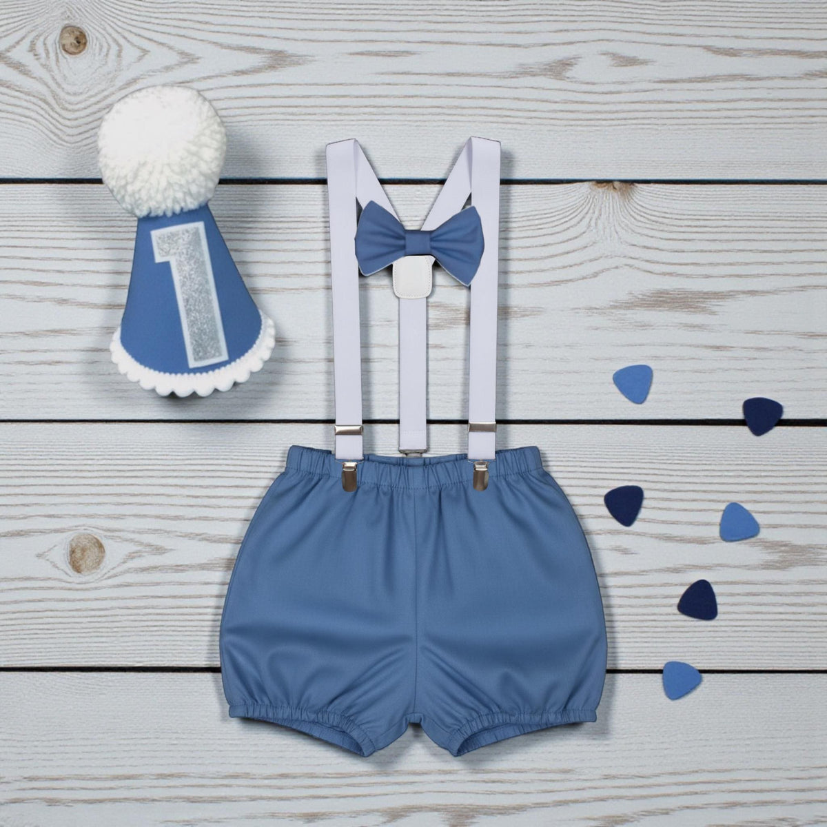 Baby Boy Sea Blue Braces Birthday Outfit – Handmade Cake Smash Set