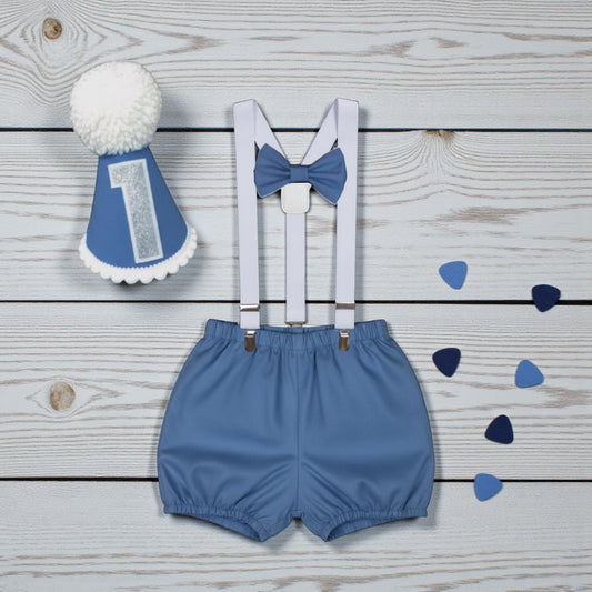Baby Boy Sea Blue Braces Birthday Outfit – Handmade Cake Smash Set