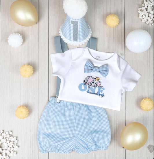 Personalised Flying Baby Elephant Cake Smash Outfit | Baby Boy Blue Gingham Birthday Set